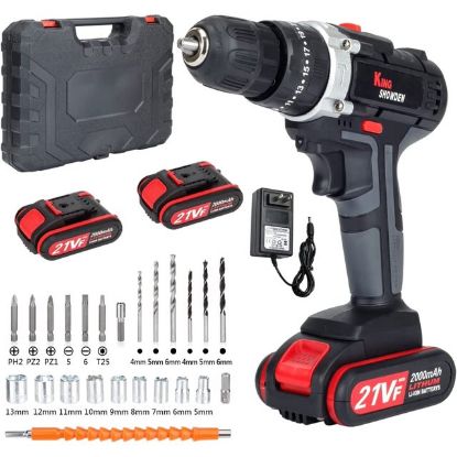 Cordless Drill Driver Kit with 2 battery, 21V Power Drill 50Nm 25+3 Clutch, 3/8" Keyless Chuck, Variable Speed & Built-in LED Electric Screw Driver for Drilling Wall, Bricks, Wood, Metal